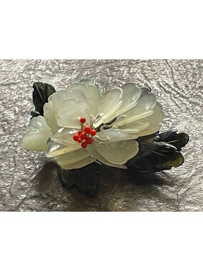 Vtg Chinese Carved Glass Peony Flower Brooch Wire Wrapped Celadon Green Red Pin